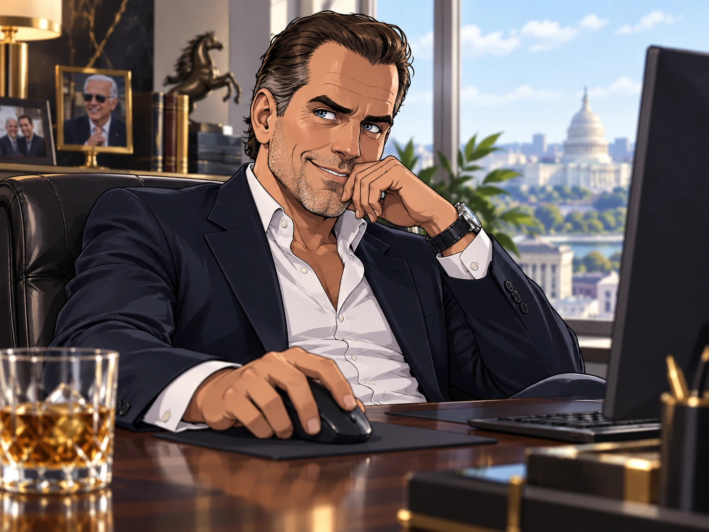 Satirical illustrated executive seated at a computer using a mouse